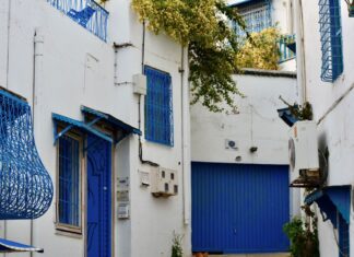 Wąska uliczka w Sidi Bou Said z biało‑niebieskimi tradycyjnymi domami