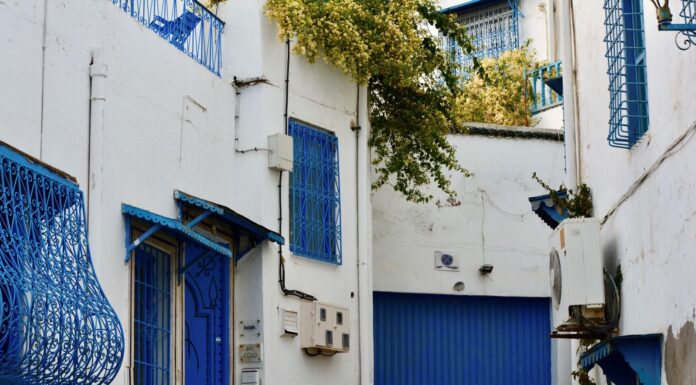 Wąska uliczka w Sidi Bou Said z biało‑niebieskimi tradycyjnymi domami